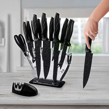 Kitchen 17 Piece Knife Set with Block and Sharpener Chef Knives - 0