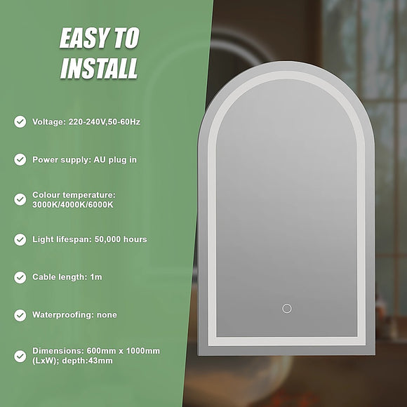 Arched LED Wall Mirror Bathroom Mirrors Makeup Anti-fog 600mm x 1000mm