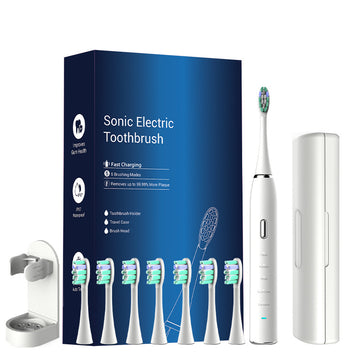 White Sonic Rechargeable Electric Toothbrush with 8 Heads & Travel Case - 5 Brushing Modes & Smart Timer(USB)