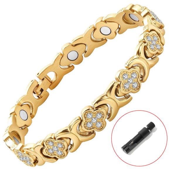 Gold New Fashion Lightweight Luxury Four-Leaf Clover Diamond Inlaid Bracelet - Alloy Magnetic Watch Band Style Bracelet for Women + Free Disassembly Tool
