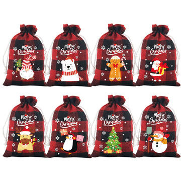 Red checkered Christmas Gift Drawstring Bags Set - Festive Burlap Style Pouches for Candy & Apples - Holiday Decoration - 10 Pcs