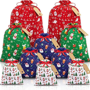 Red checkered Christmas Gift Drawstring Bags Set - Festive Burlap Style Pouches for Candy & Apples - Holiday Decoration - 10 Pcs - 0