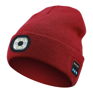 Red Wireless Bluetooth Beanie Hat with USB Rechargeable LED Headlight - Unisex Knit Cap for Running & Camping