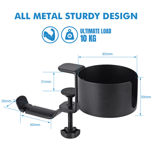 Heavy-Duty All-Metal Desk Clamp with 360-Degree Swivel Headphone Hanger & Cup Holder(black)