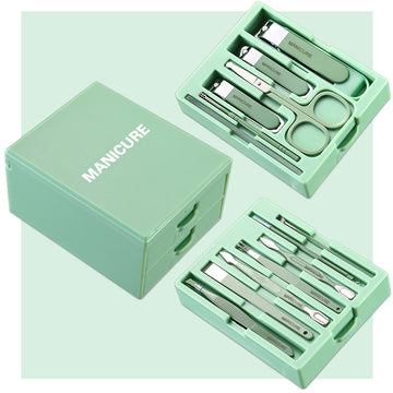 Green Premium 13-in-1 Manicure & Grooming Kit - Professional Carbon Steel Pedicure Set with Dual-Drawer Case & Mirror