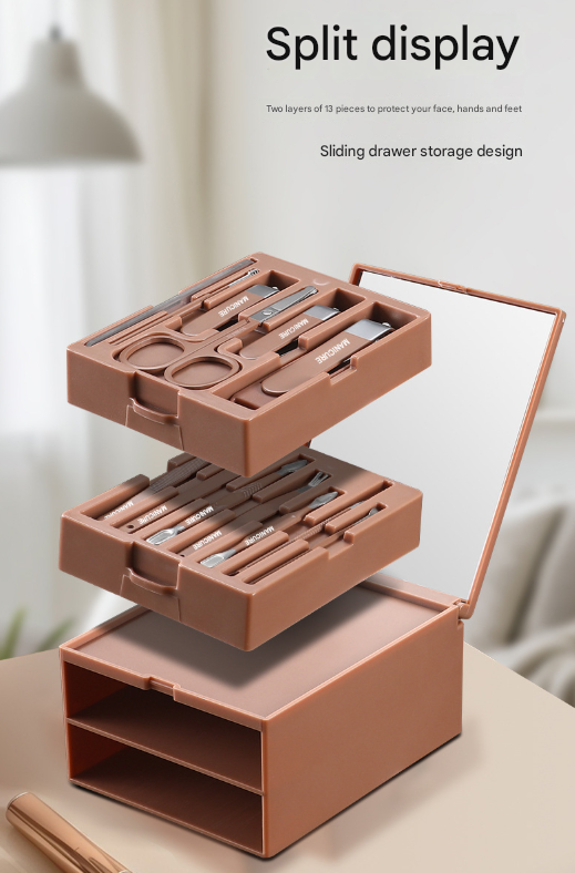 Green Premium 13-in-1 Manicure & Grooming Kit - Professional Carbon Steel Pedicure Set with Dual-Drawer Case & Mirror