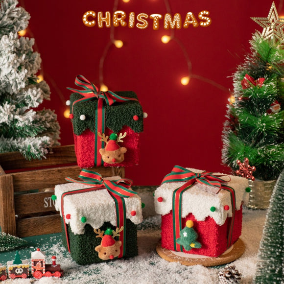 Red and Green Luxe Plush Christmas Gift Box - Decorative Holiday Treat Box with Snowy Trim