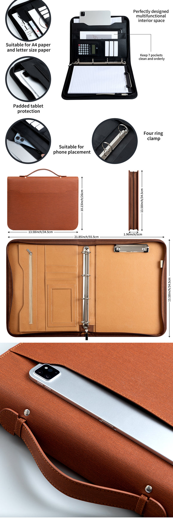 Professional PU Leather A4 Portfolio Binder with Zipper, Handle, Calculator & Clipboard(brown)