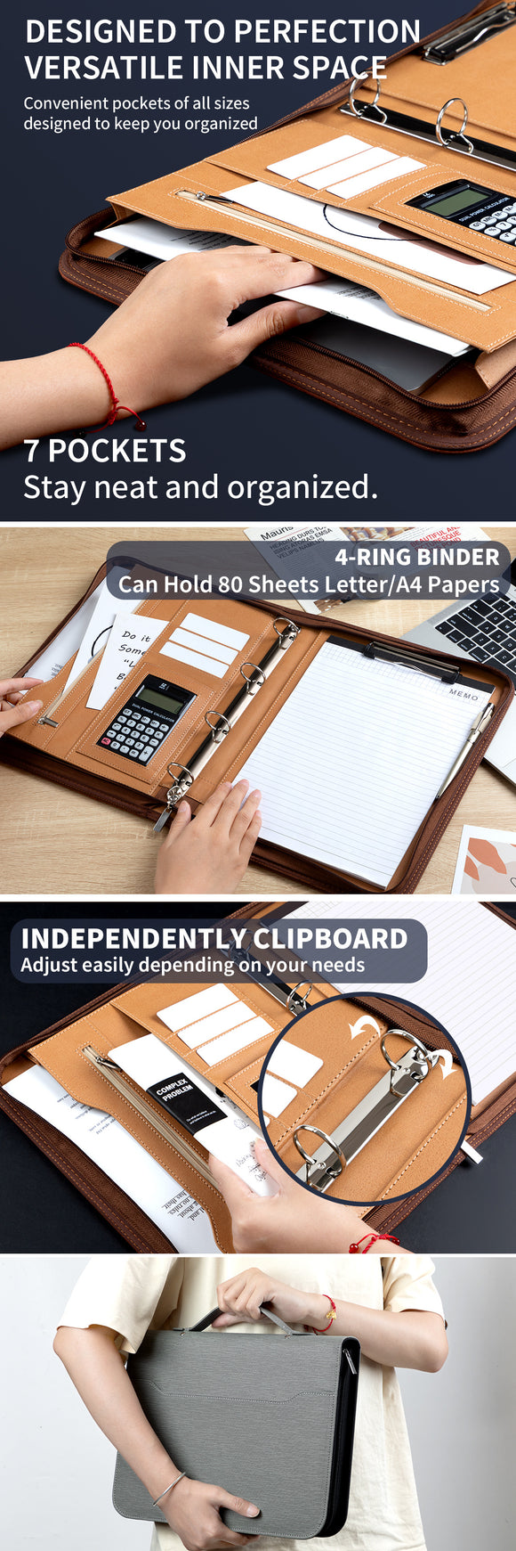 Professional PU Leather A4 Portfolio Binder with Zipper, Handle, Calculator & Clipboard(brown)