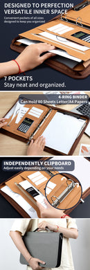 Professional PU Leather A4 Portfolio Binder with Zipper, Handle, Calculator & Clipboard(grey)-7