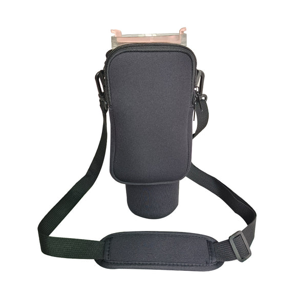 Black Crossbody Tumbler Carrier with Detachable Wallet Pouch and Adjustable Strap