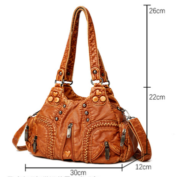 Yellow Women's Vintage Studded Hobo Bag - Soft Washed Leather Multi-Pocket Shoulder & Crossbody Purse - 0