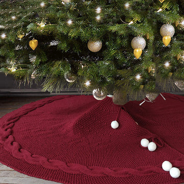 Festive Knit Christmas Tree Skirt - Acrylic Red Tree Mat with Pom-Poms 122cm - 0