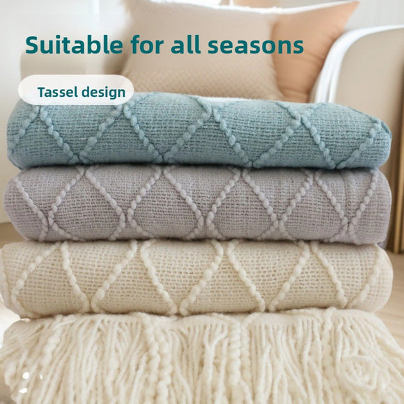Pure white Nordic Knitted Throw Blanket with Tassels 130x230cm Soft Acrylic Diamond Pattern Sofa Cover Bed Runner and Travel Blanket