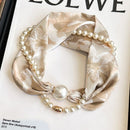 Beige 2-in-1 Magnetic Pearl Scarf & Necklace Set - Floral Print Polyester Neck Wrap with Detachable Bead Chain-1
