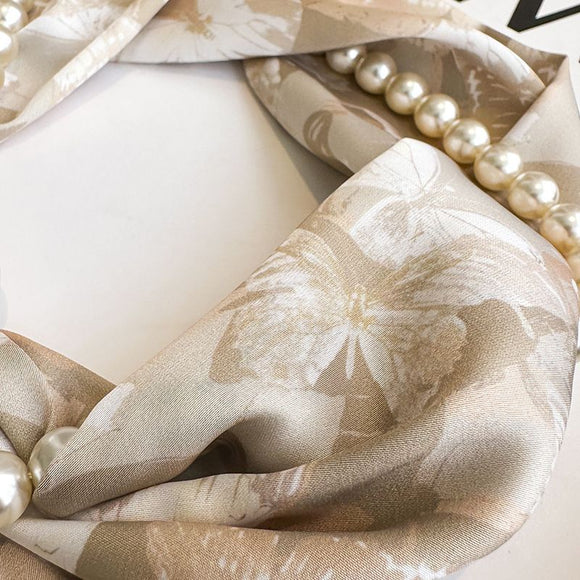 Blue porcelain pattern 2-in-1 Magnetic Pearl Scarf & Necklace Set - Floral Print Polyester Neck Wrap with Detachable Bead Chain
