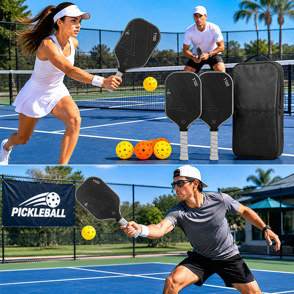 Grey T700 Carbon Fiber Pickleball Paddle Set - 16mm Textured Matte Finish with Oxford Carry Bag & PE Balls