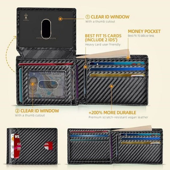 Black Men's Carbon Fiber Slim Trifold Wallet - RFID Blocking, Dual ID Windows & 15 Card Slots - Minimalist Gift for Business and Travel