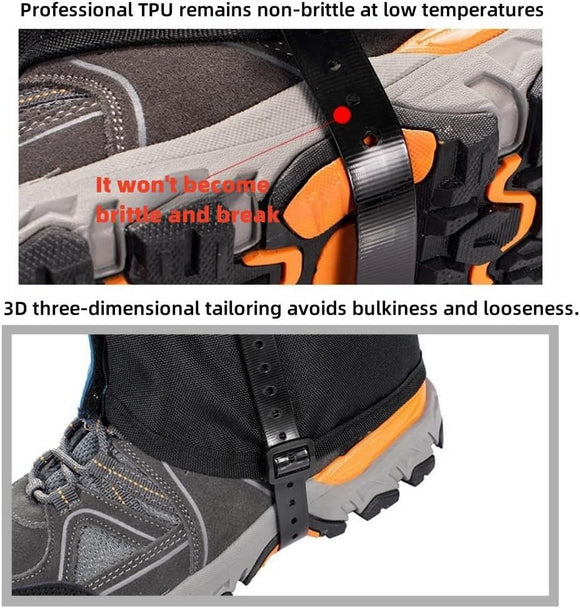 Black Breathable Nylon Waterproof Hiking Leg Gaiters and Snow Boot Gaiters (Fleece Lining) - Unisex Adjustable Sand & Mud Protection for Mountaineering & Desert Trekking, XL Size