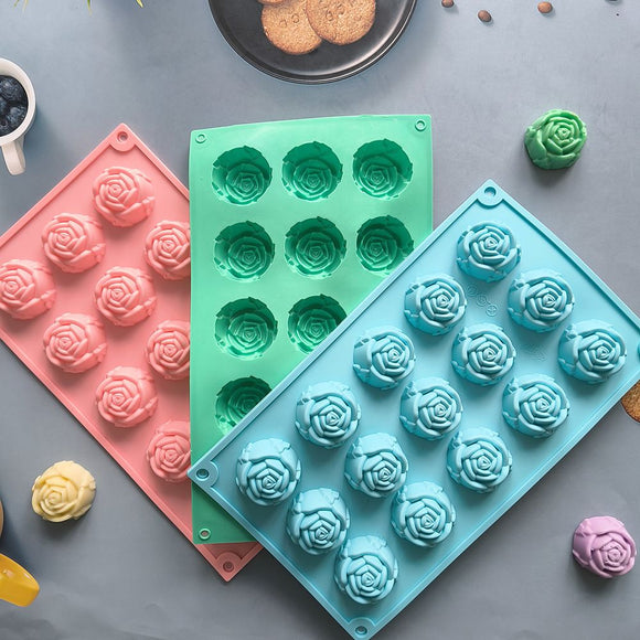 2PCS Green 3D Rose Shaped Silicone Baking Mold (15 Cavity) - Non-Stick Cake Chocolates & Jelly Pan - Durable Flexible Easy Release for Holiday Desserts
