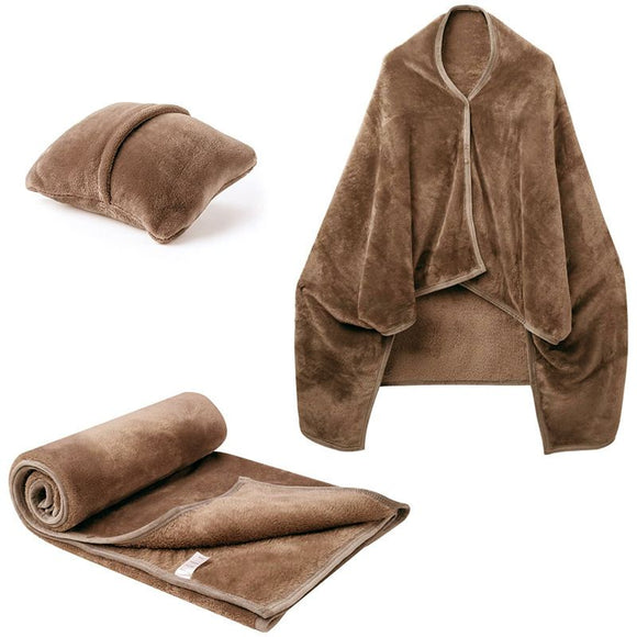 3-in-1 Envelope Folding Travel Blanket / Pillow / Wearable Snap-on Shawl - Soft Thickened 230GSM Flannel Nap Blanket for Airplane, Office and Home, Space Saving & Machine Washable, Coffee 40 x 60 inch
