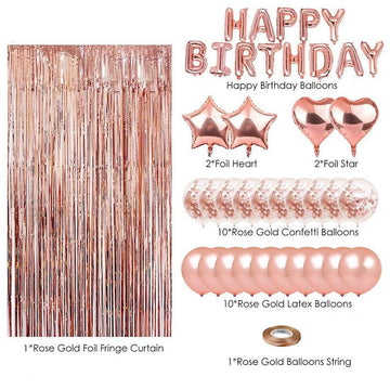 Pink Premium Foil Balloon Party Kit – Happy Birthday Banner, 2 Star & 2 Heart Foil Balloons, 10 Confetti + 10 Pearl Latex Balloons, 2m Fringe Curtain & 10m Ribbon – Elegant, Easy Setup for Birthdays & Celebrations - 0