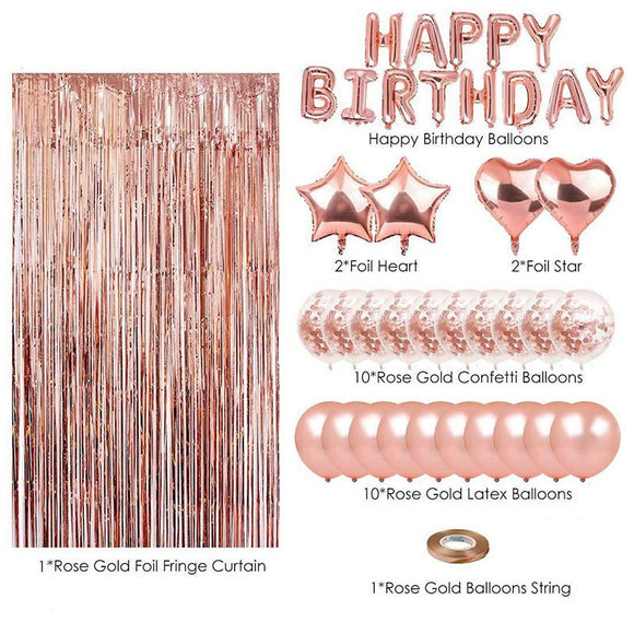 Pink Premium Foil Balloon Party Kit – Happy Birthday Banner, 2 Star & 2 Heart Foil Balloons, 10 Confetti + 10 Pearl Latex Balloons, 2m Fringe Curtain & 10m Ribbon – Elegant, Easy Setup for Birthdays & Celebrations