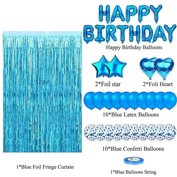 Golden Premium Foil Balloon Party Kit – Happy Birthday Banner, 2 Star & 2 Heart Foil Balloons, 10 Confetti + 10 Pearl Latex Balloons, 2m Fringe Curtain & 10m Ribbon – Elegant, Easy Setup for Birthdays & Celebrations