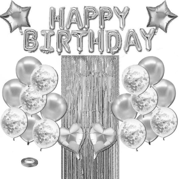 Golden Premium Foil Balloon Party Kit – Happy Birthday Banner, 2 Star & 2 Heart Foil Balloons, 10 Confetti + 10 Pearl Latex Balloons, 2m Fringe Curtain & 10m Ribbon – Elegant, Easy Setup for Birthdays & Celebrations