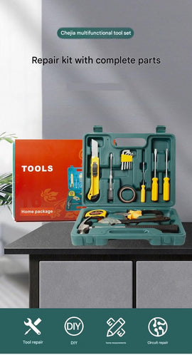 Green 16 Piece Set -Multi-Purpose Home & Car Tool Kit -  Durable Blow-Molded Case, Utility Knife, Tape Measure, Pliers, Hammer, Screwdrivers, Allen Keys - Compact Emergency Repair Set for DIY and Auto Maintenance - 0