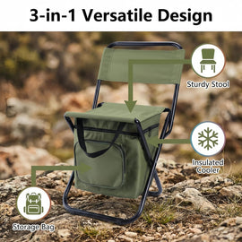 3-in-1 Green Large Portable Folding Camping Chair with Zippered Cooler Bag and 35*35cm Thick Plush Seat Cushion, Outdoor Fishing and Picnic Stool with Backrest and 25 *27 *18.5cm Insulated Storage Pocket - 0