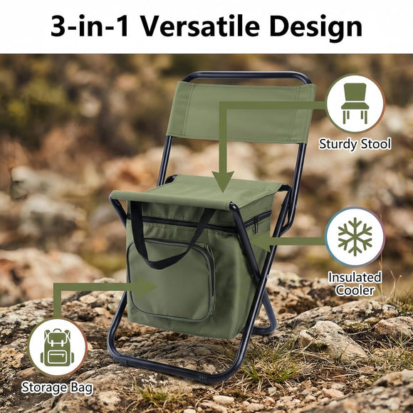 3-in-1 Blue Large Portable Folding Camping Chair with Zippered Cooler Bag and 35*35cm Thick Plush Seat Cushion, Outdoor Fishing and Picnic Stool with Backrest and 25 *27 *18.5cm Insulated Storage Pocket