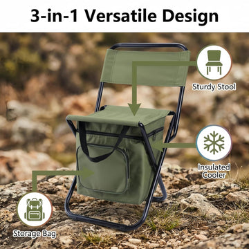3-in-1 Camouflage Large Portable Folding Camping Chair with Zippered Cooler Bag and 35*35cm Thick Plush Seat Cushion, Outdoor Fishing and Picnic Stool with Backrest and 25 *27 *18.5cm Insulated Storage Pocket - 0