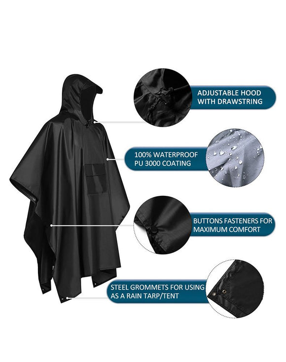 3-in-1 Black Camping Rain Poncho / Outdoor Shelter Tarp / Ground Sheet (82.7 x 55 inch) with 2 Pairs Rain Shoe Covers - Large Backpack Coverage, Drawstring Hood and Carry Bag for Hiking Trekking Cycling Use
