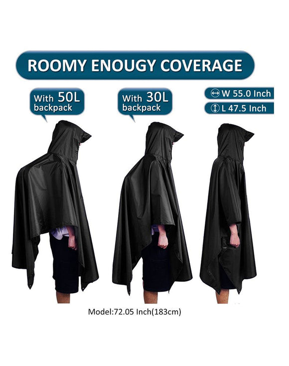 3-in-1 Blue Camping Rain Poncho / Outdoor Shelter Tarp / Ground Sheet (82.7 x 55 inch) with 2 Pairs Rain Shoe Covers - Large Backpack Coverage, Drawstring Hood and Carry Bag for Hiking Trekking Cycling Use