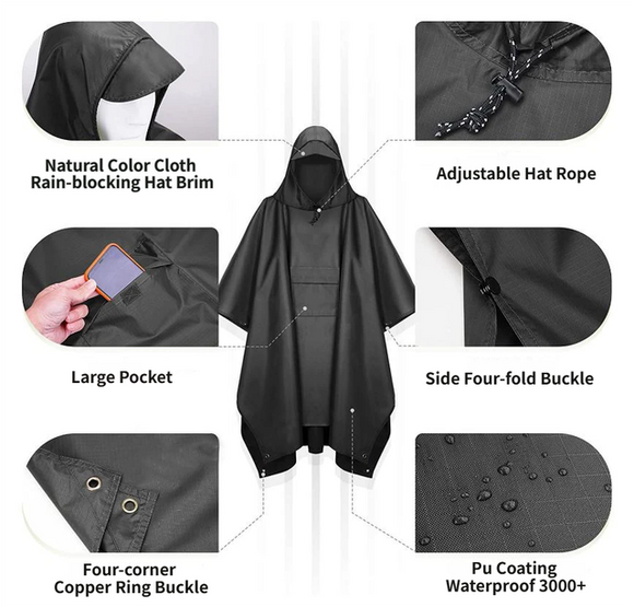 3-in-1 Green Camping Rain Poncho / Outdoor Shelter Tarp / Ground Sheet (82.7 x 55 inch) with 2 Pairs Rain Shoe Covers - Large Backpack Coverage, Drawstring Hood and Carry Bag for Hiking Trekking Cycling Use