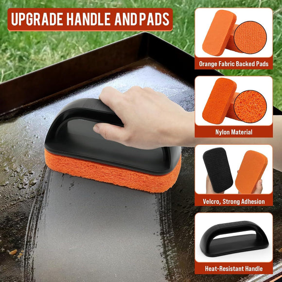 10-Piece BBQ Grill Cleaning Kit - Grill Scraper, 3 Cleaning Blocks & 4 Nylon Scouring Pads and 2 Ergonomic Handles for Flat Top Grills, Griddles and Outdoor Cooking Surfaces