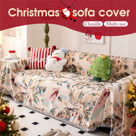 180 x 230 CM Christmas Jacquard Chenille Sofa Cover Throw Blanket with Tassel Fringe (Style 1), Elegant Festive Couch Protector Slipcover for Holiday Home Decor and Multi-Purpose Use