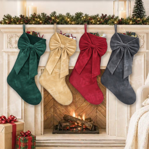 18 Inch Oversized White Luxury Velvet Christmas Stocking with Bow & Loop, Fireplace Hanging Gift Bag, Holiday Mantel Decor and Present Holder