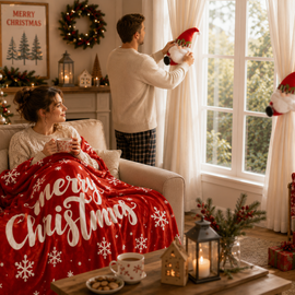 Christmas Flannel Throw Blanket and Santa Curtain Tieback Set, 150x200cm Thick Fleece Sofa Blanket with 2 Plush Santa Velcro Curtain Holders for Holiday Home Decor - 0