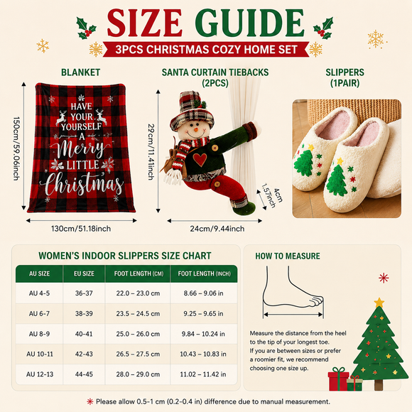 Christmas Home Comfort Set with Flannel Throw Blanket 130x150cm, Plush Indoor Slippers AU 8-9 and Santa Curtain Tiebacks, Cozy Holiday Gift Bundle