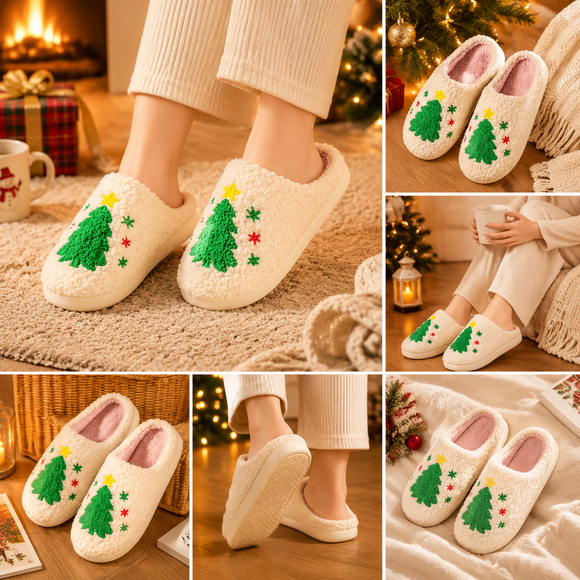 Christmas Home Comfort Set with Flannel Throw Blanket 130x150cm, Plush Indoor Slippers AU 10-11 and Santa Curtain Tiebacks, Cozy Holiday Gift Bundle