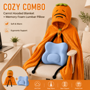 Carrot Hooded Blanket with Blue Memory Foam Lumbar Support Pillow, Cozy Wearable Throw Blanket and Ergonomic Back Cushion Set for Office, Home, Study and Relaxation-1