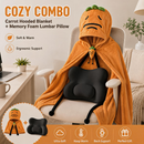Carrot Hooded Blanket with Black Memory Foam Lumbar Support Pillow, Cozy Wearable Throw Blanket and Ergonomic Back Cushion Set for Office, Home, Study and Relaxation-1