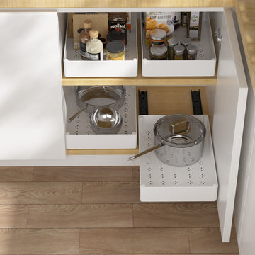 3 Pieces White Extended Pull Out Cabinet Organizer Set (Small + Medium + Large Tray) - Slide Out Drawer Shelves & Base Cabinet Storage Trays for Kitchen Spices, Bowls, and Cookware - 0