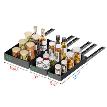 3 Pieces Black Extended Pull Out Cabinet Organizer Set (Small + Medium + Large Tray) - Slide Out Drawer Shelves & Base Cabinet Storage Trays for Kitchen Spices, Bowls, and Cookware