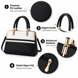 Large Capacity Color Block PU Leather Handbag, Square Shoulder Crossbody Bag with Bottom Rivets & Multi‑Pocket Storage for Daily Casual Use, Black and White 29 x 21 x 14CM - 0