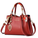 Red Large Capacity Lychee PU Leather Tote Handbag - Elegant Women's Satchel Crossbody Bag with Red Silk Scarf & Mental Leaf Pendant Decor-1