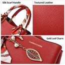 Red Large Capacity Lychee PU Leather Tote Handbag - Elegant Women's Satchel Crossbody Bag with Red Silk Scarf & Mental Leaf Pendant Decor-3