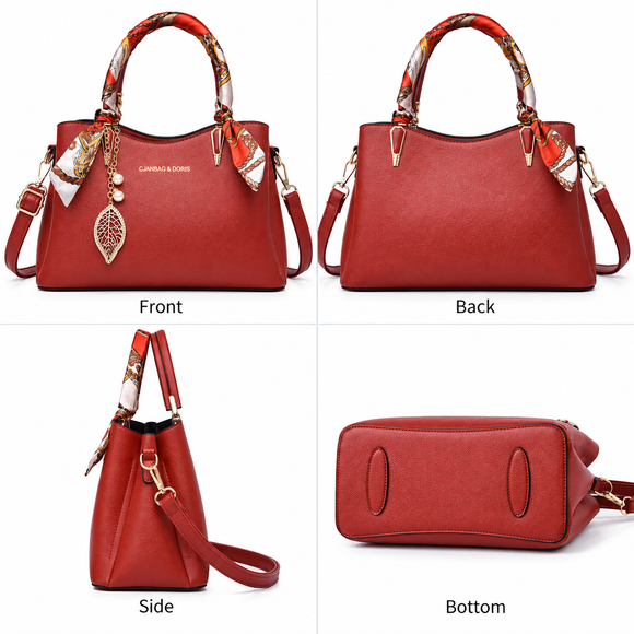 Red Large Capacity Lychee PU Leather Tote Handbag - Elegant Women's Satchel Crossbody Bag with Red Silk Scarf & Mental Leaf Pendant Decor